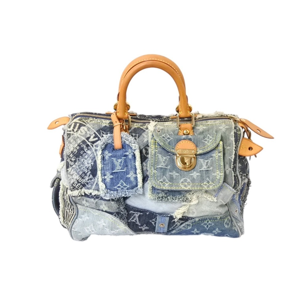 LOUIS VUITTON Speedy Handbag Monogram Denim Patchwork Indigo